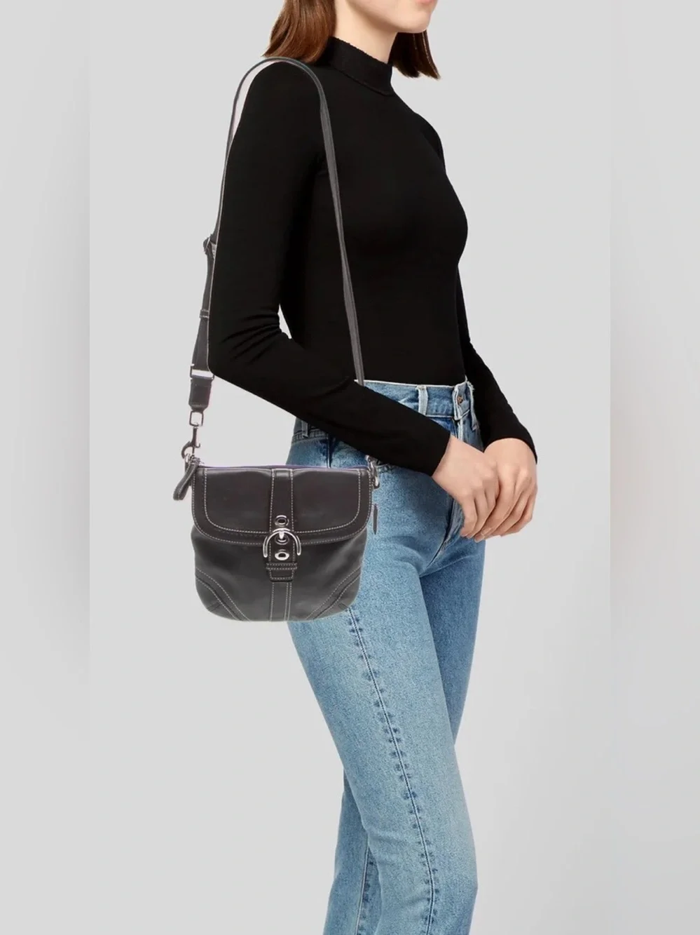 Coach Soho Vintage Black Leather Shoulder Bag  Adjustable Strap Women’s